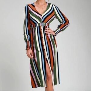 Idem Ditto striped midi long sleeve button front v neck dress size medium